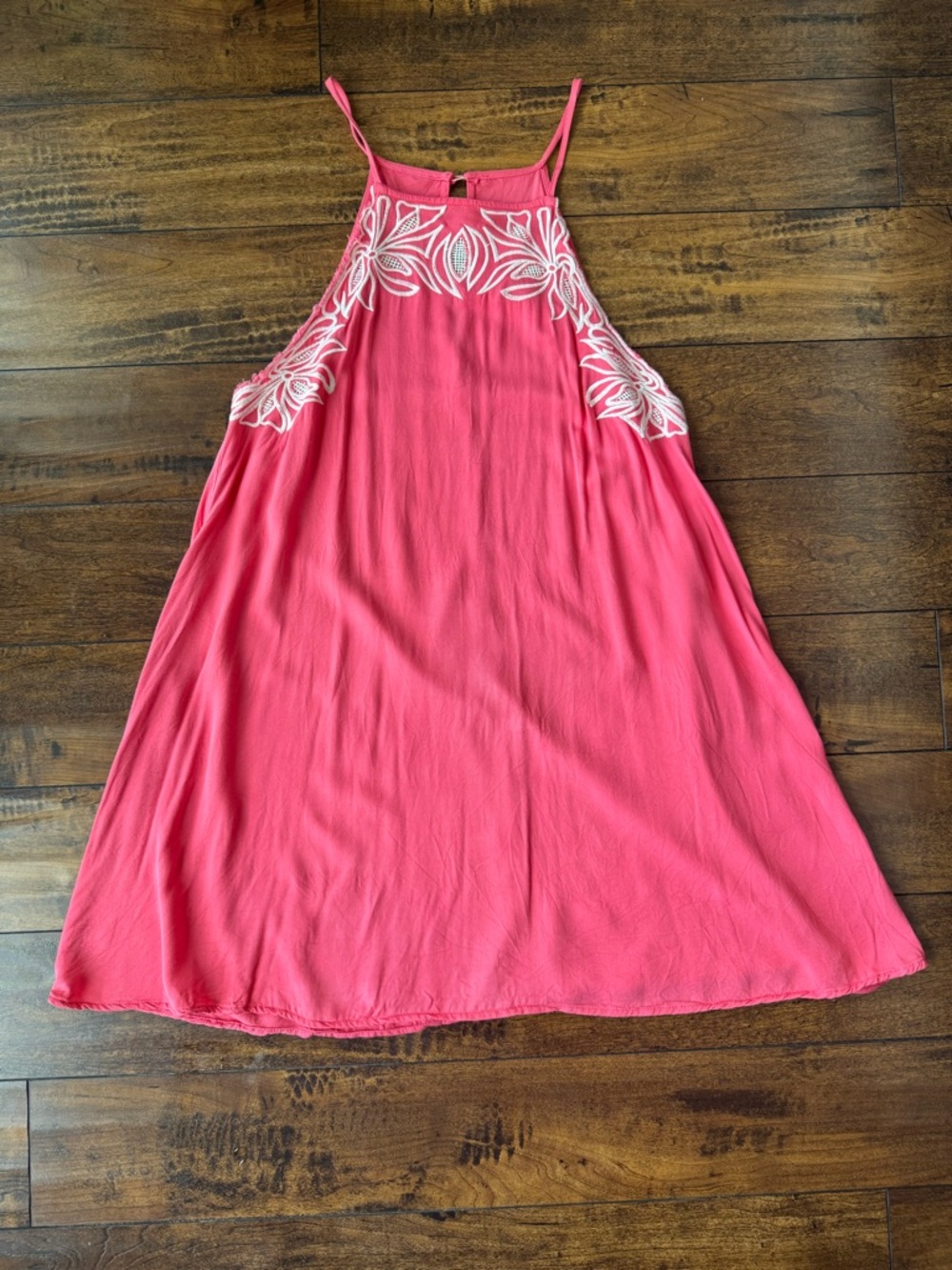 The Impeccable Pig Coral Pink Embroidered Halter Dress
